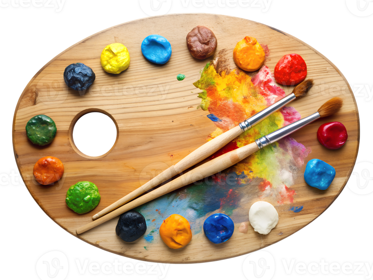 Vibrant palette with brushes on wood, isolated transparent png