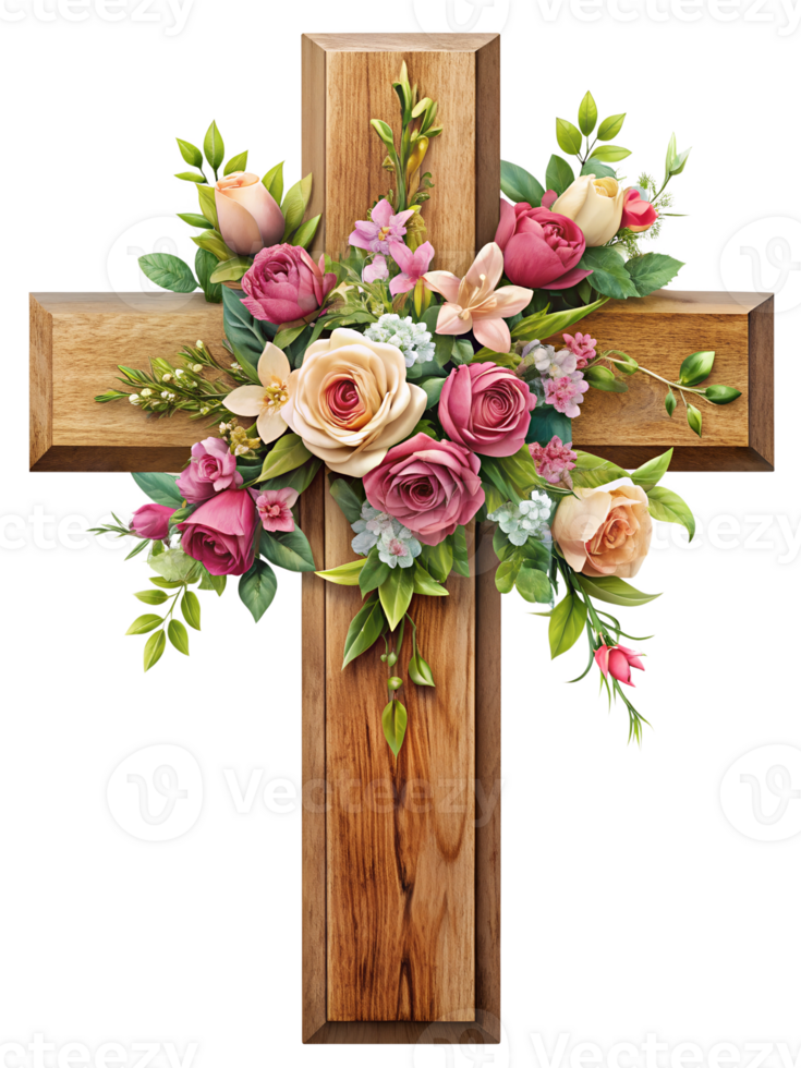 Colorful flowered wooden cross, isolated transparent png