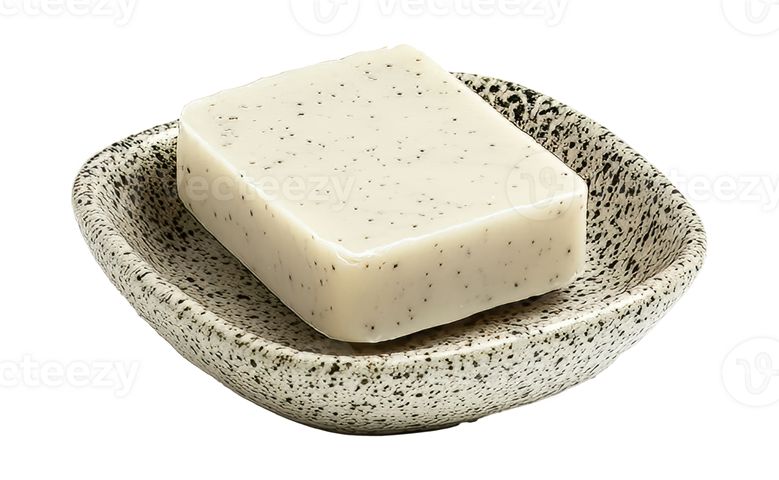 Natural soap bar with speckles on a dish, cut out transparent png