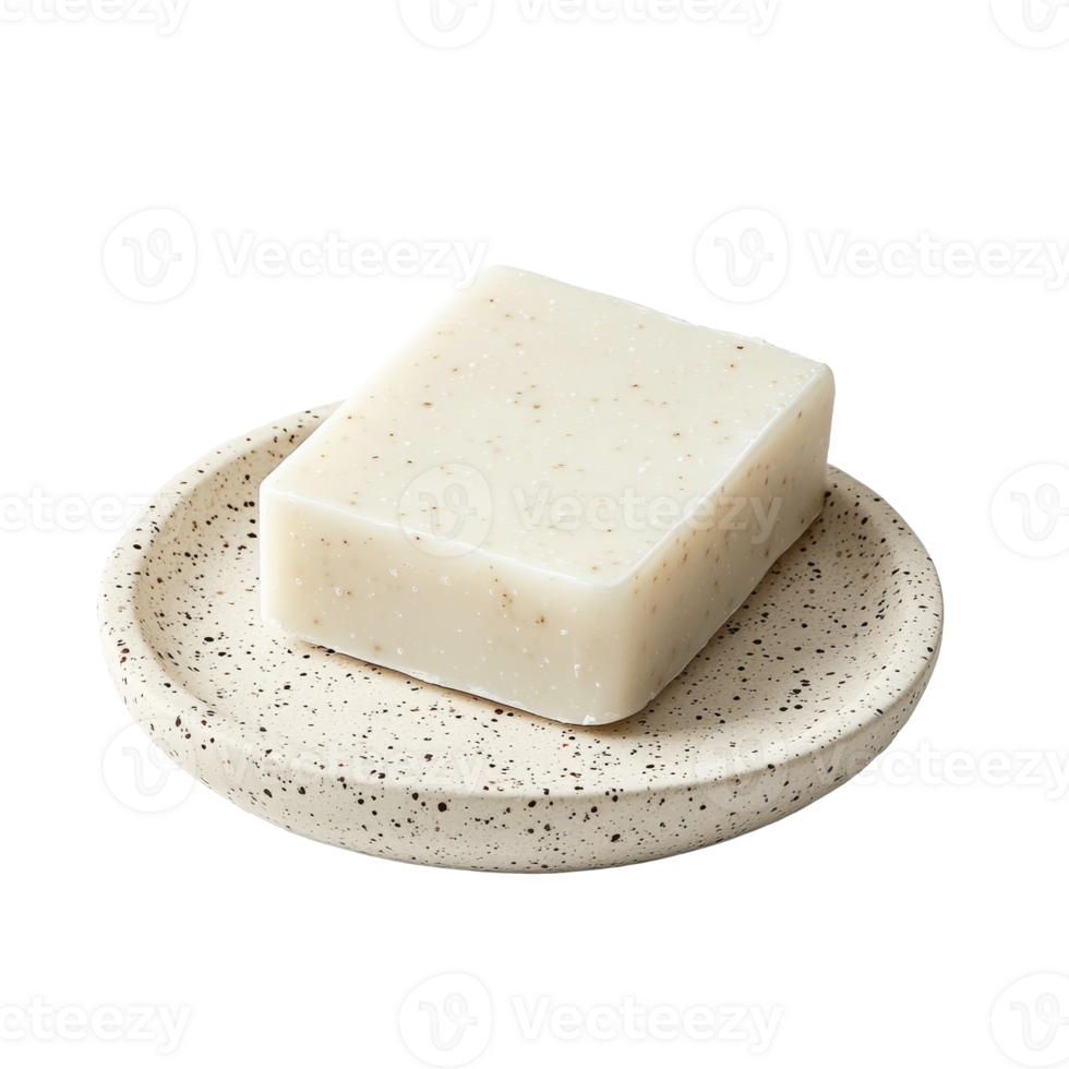 Simple soap bar on a speckled dish for daily use, cut out transparent png