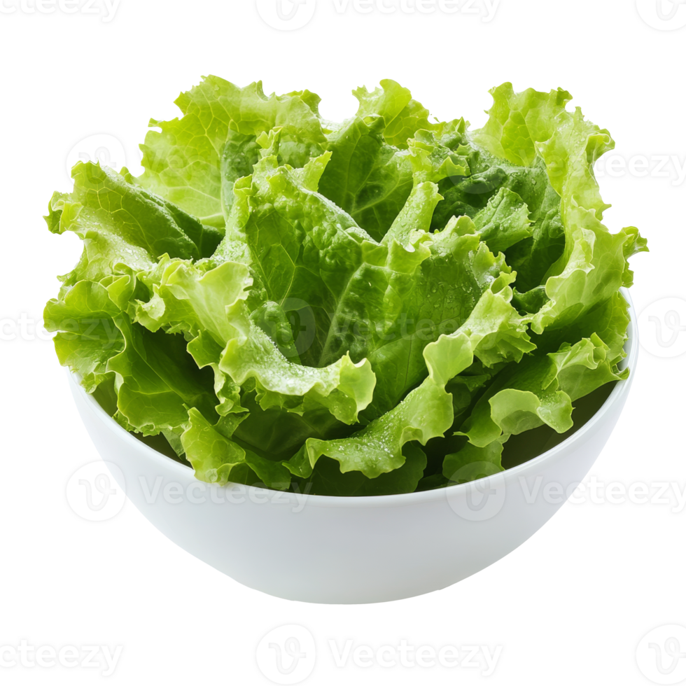 Fresh leafy greens in a white bowl on a table, cut out transparent png
