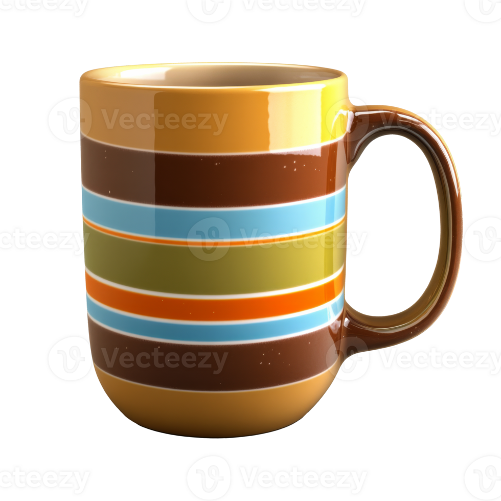 Colorful ceramic mug with stripes on a table, cut out transparent png