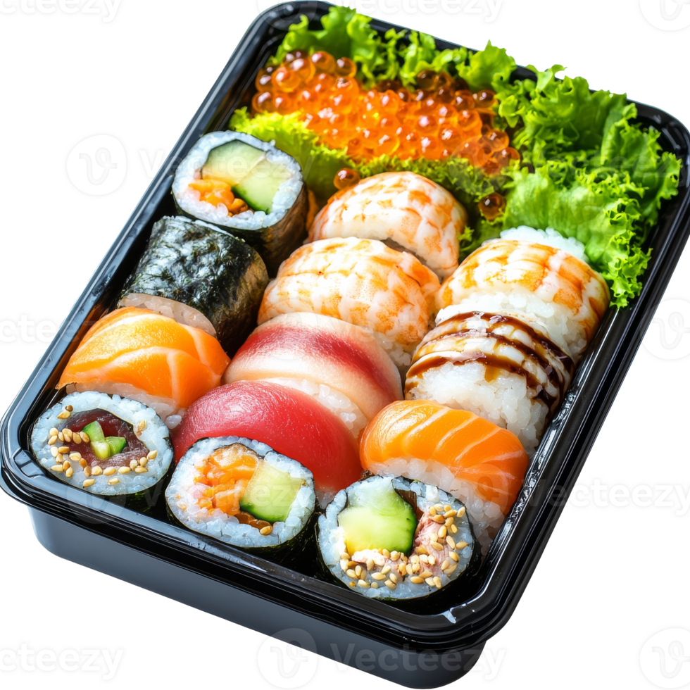 Assorted sushi platter with toppings, cut out transparent png