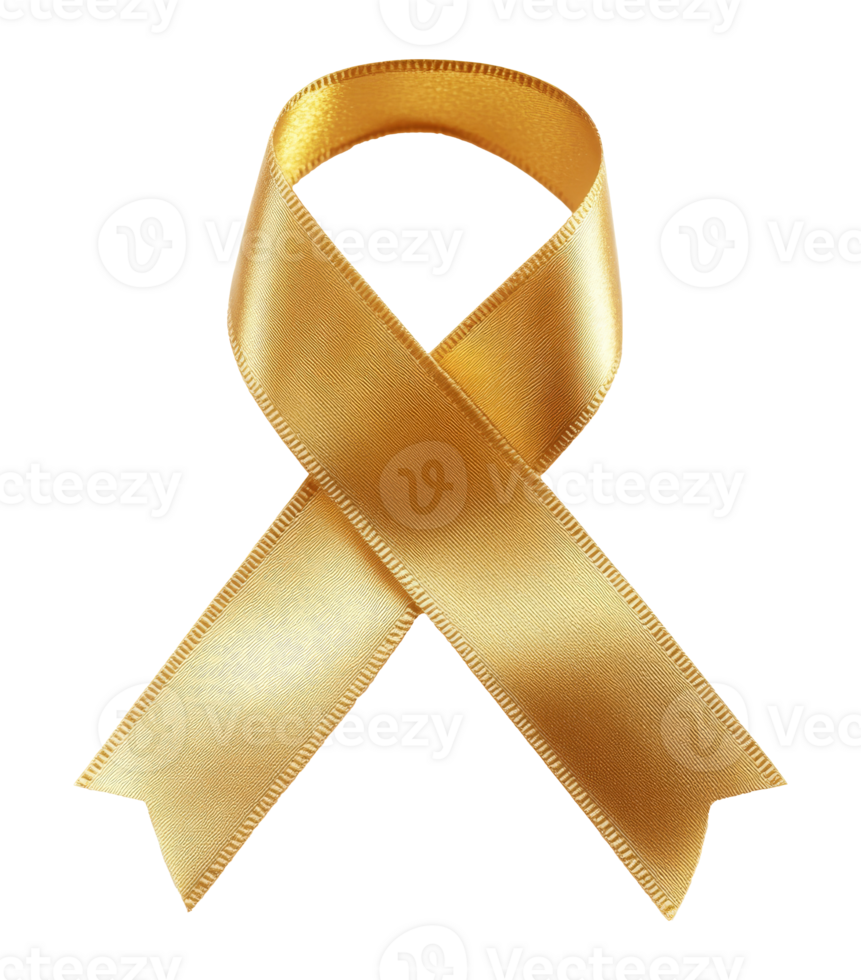 Golden ribbon symbolizing awareness and support, cut out transparent png