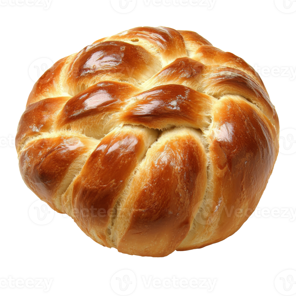 Freshly baked round challah bread ready to serve, cut out transparent png