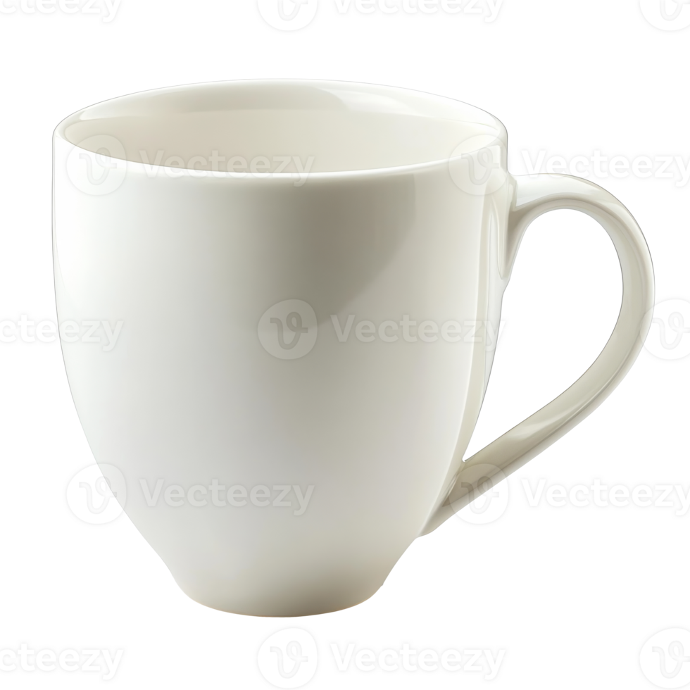 Simple white ceramic mug on a plain background, cut out transparent png