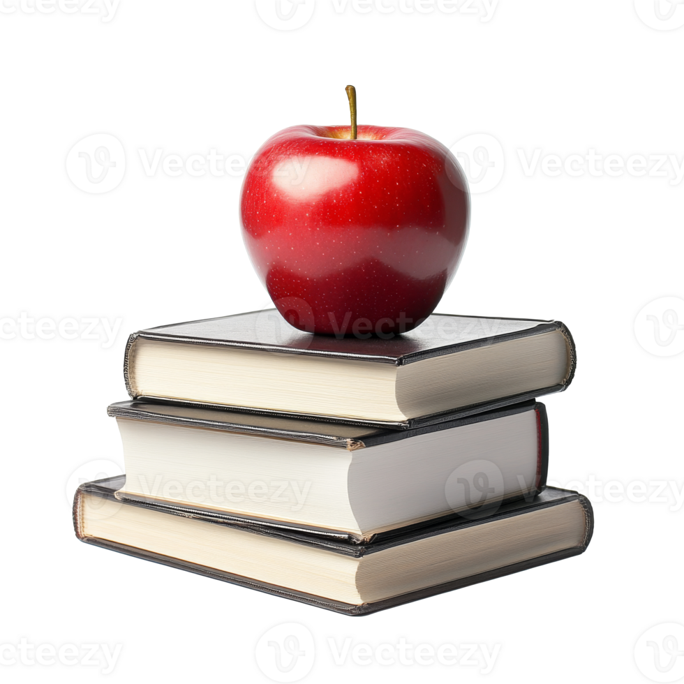 A red apple resting on a stack of three books, cut out transparent png