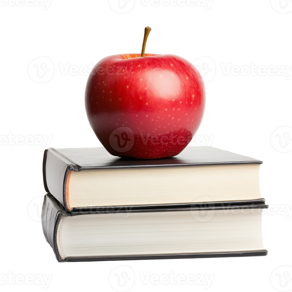 Red apple on top of two stacked books, cut out transparent png