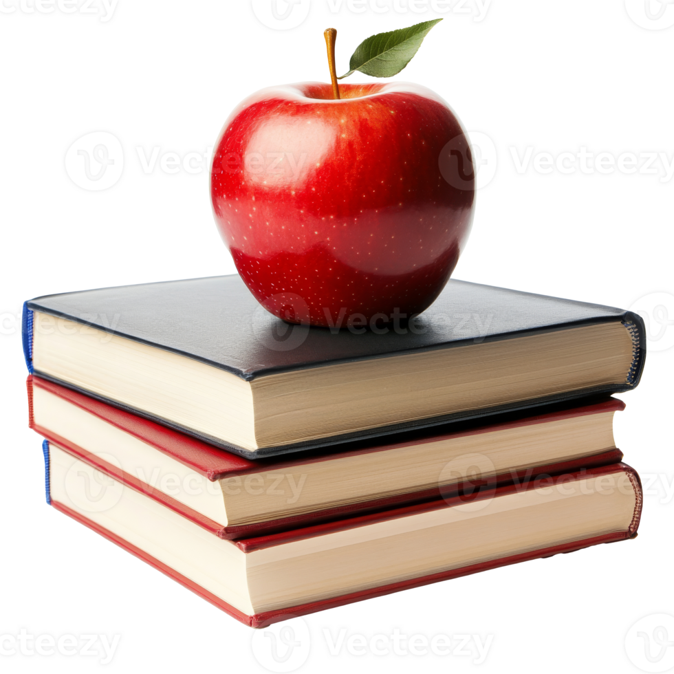 Apple on stacked books in bright light, cut out transparent png