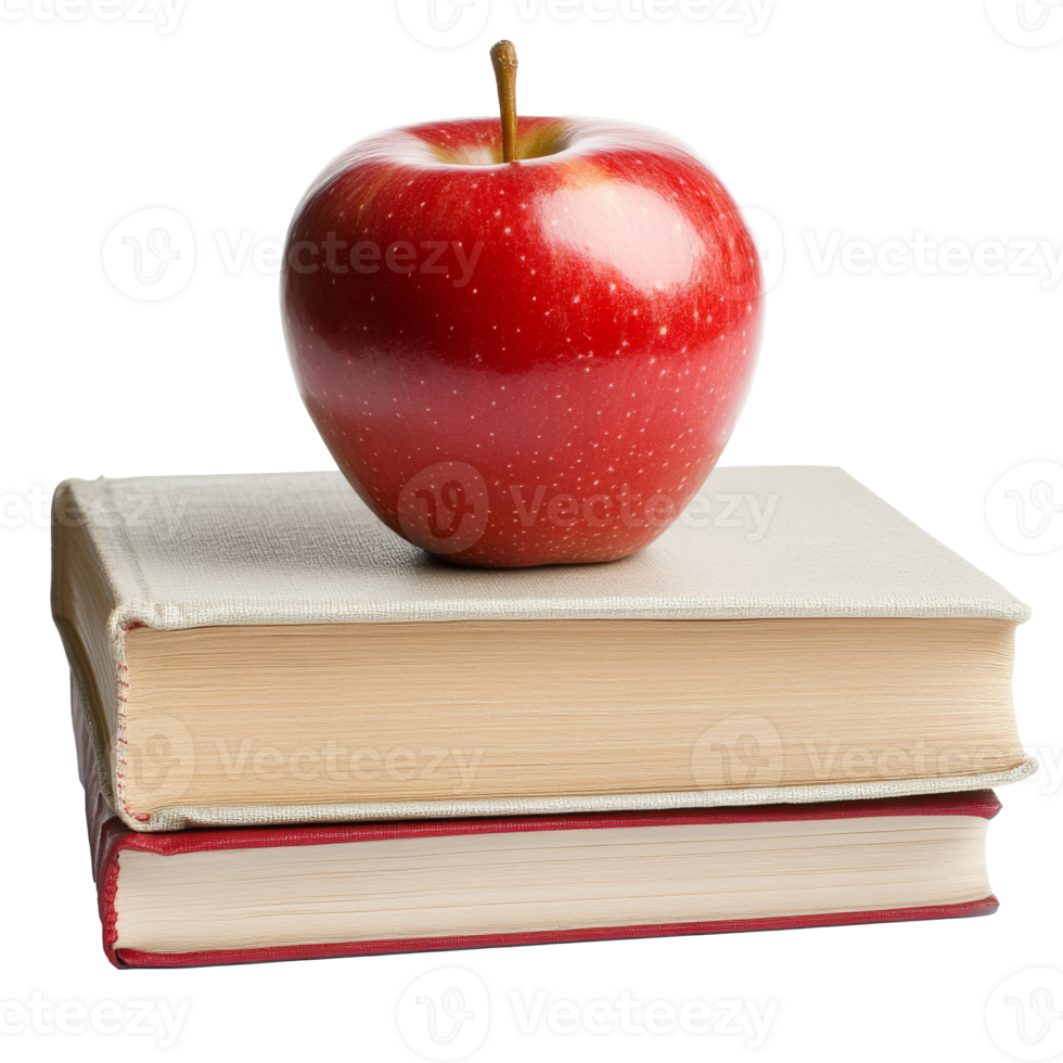 A red apple rests on two stacked books, cut out transparent png
