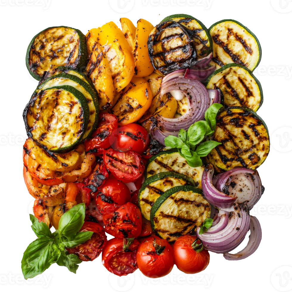 Grilled vegetable medley with fresh basil leaves, cut out transparent png