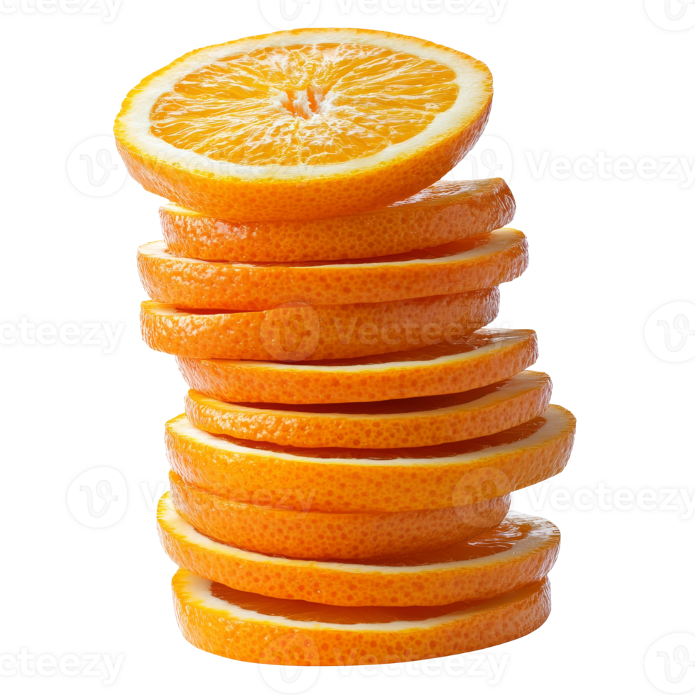 Elegant stacked sliced oranges display, cut out transparent png