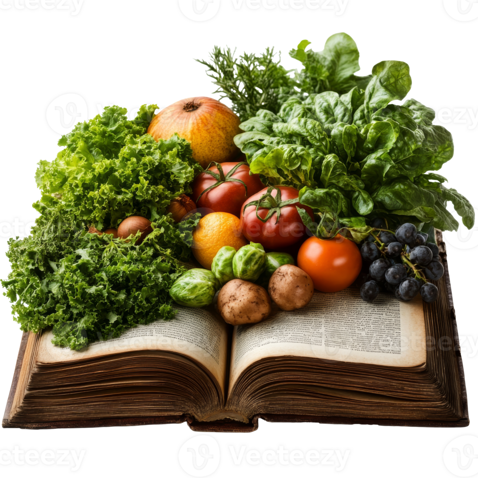 Book with fresh vegetables and fruits, cut out transparent png