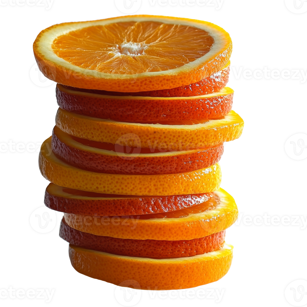 Stacked orange slices on a white background, cut out transparent png