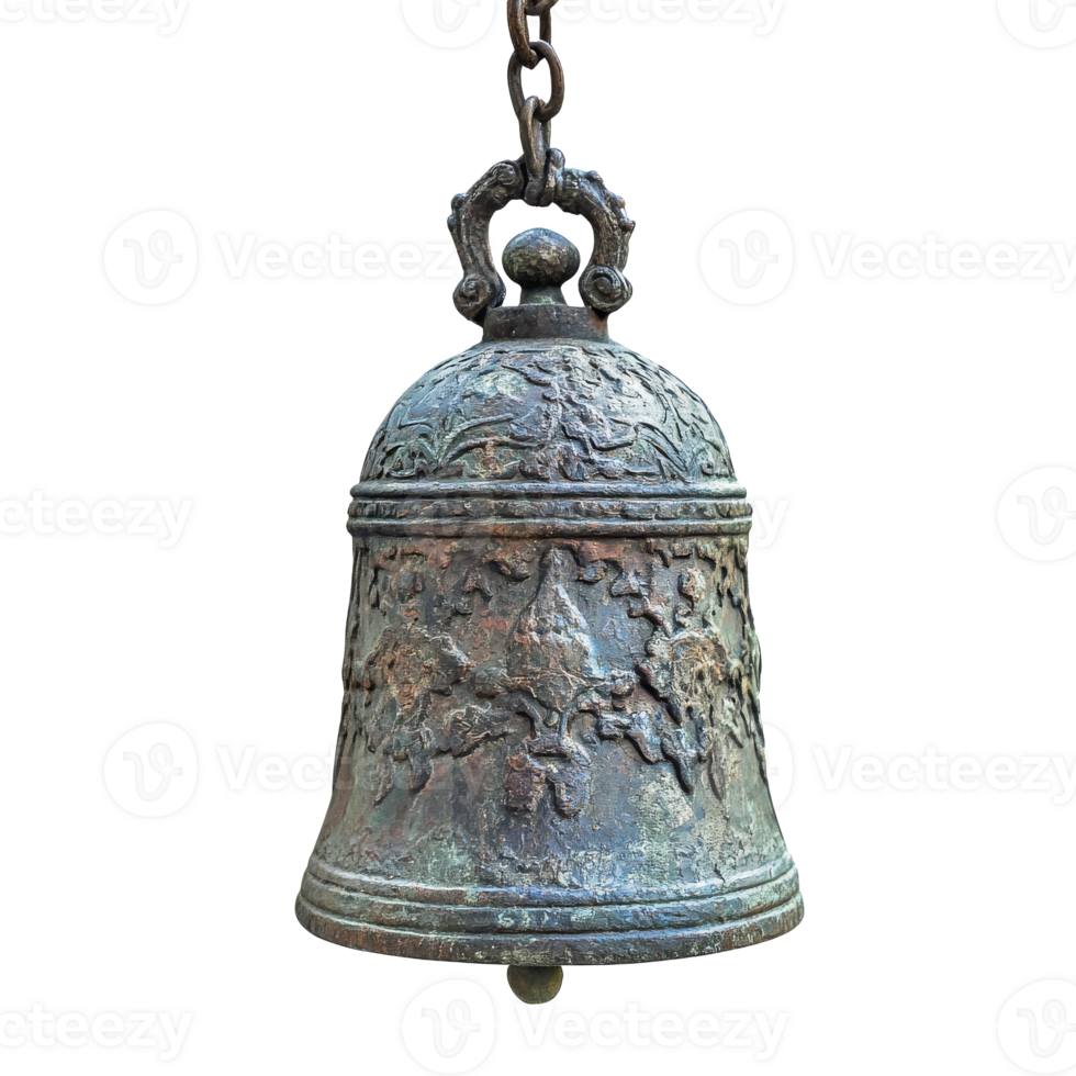 Vintage bell hanging on a chain in natural light, cut out transparent png