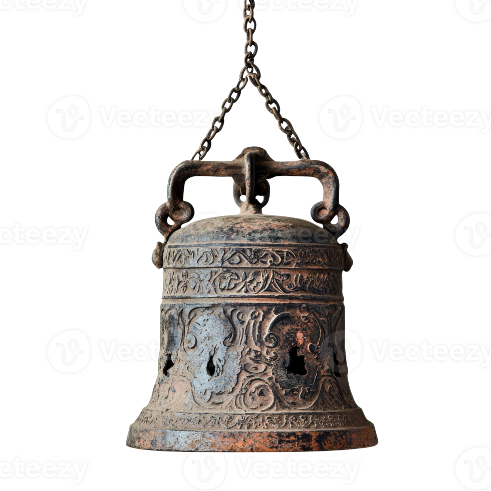 Antique bronze bell with intricate designs hanging, cut out transparent png