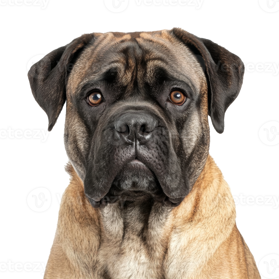 Calm bullmastiff dog posing for a portrait indoors, cut out transparent png