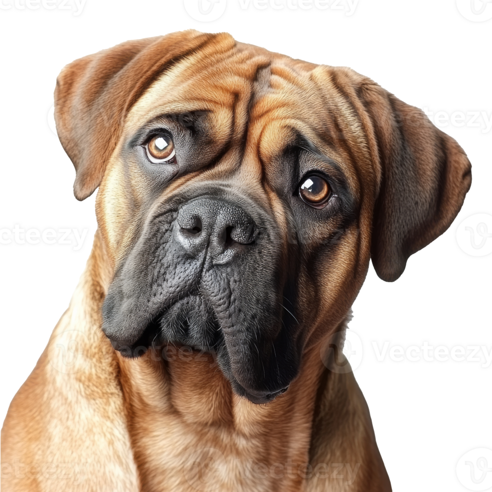 Friendly bullmastiff looking curiously at camera, cut out transparent png
