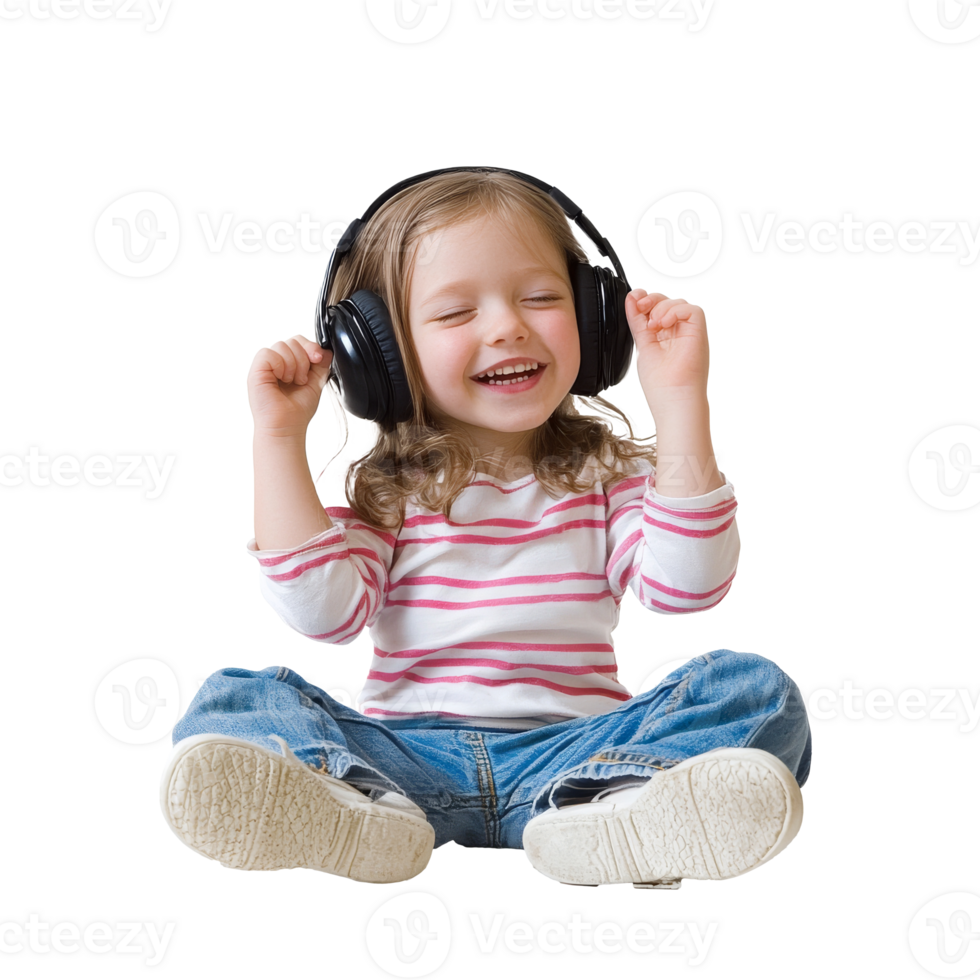 Child joyfully sits on floor, enjoying music, cut out transparent png
