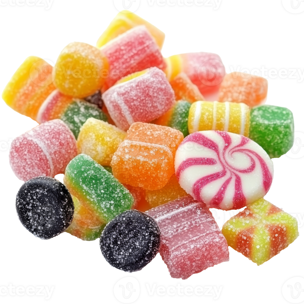 Colorful assortment of candy on a white surface, cut out transparent png