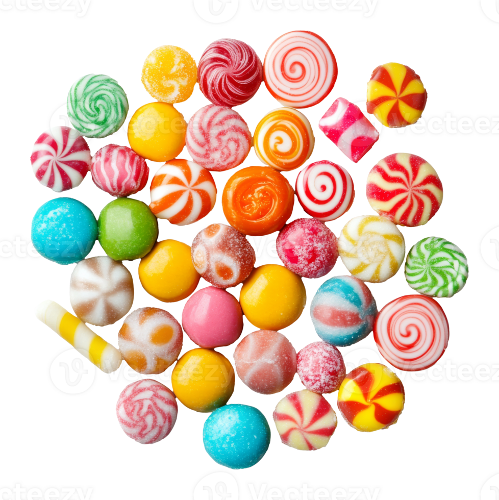 Colorful assortment of candies on a white surface, cut out transparent png