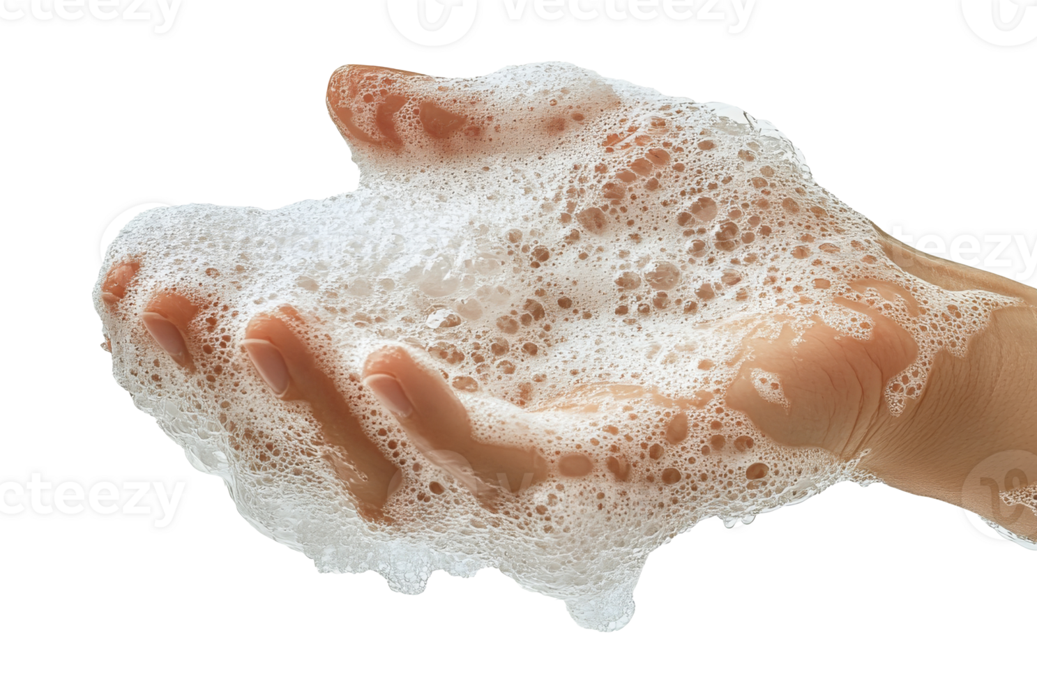 Foamy hand with soap suds during washing, cut out transparent png