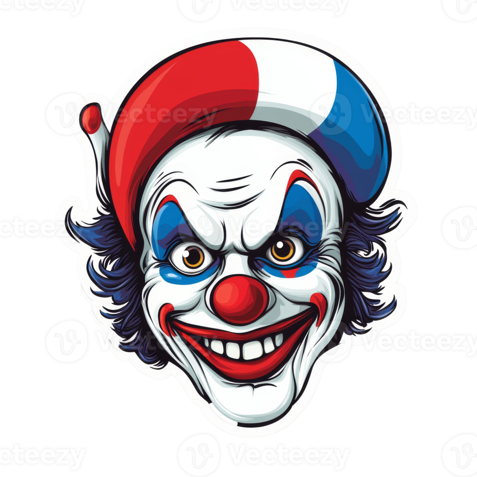 Creepy clown face art with bold colors and details, cut out transparent png