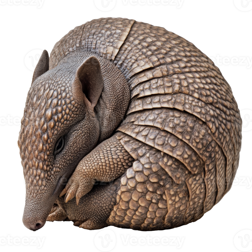 A curled up armadillo resting in natural posture, cut out transparent png