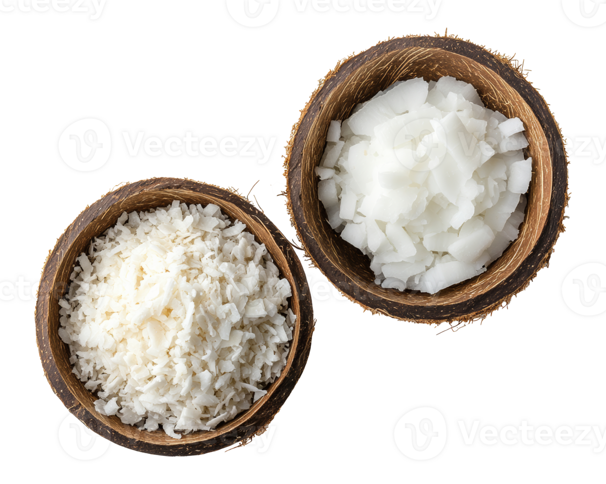 Fresh coconut flakes and shreds in rustic bowls, cut out transparent png