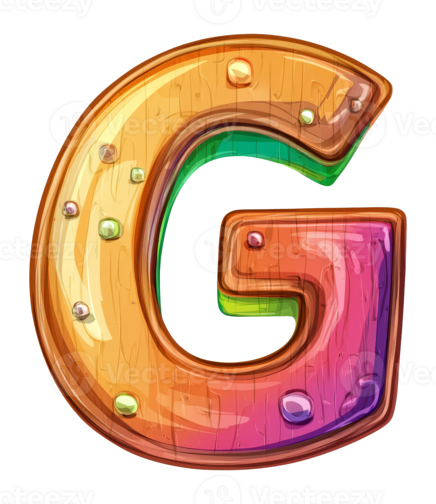 Colorful wooden letter G with playful textures, cut out transparent png