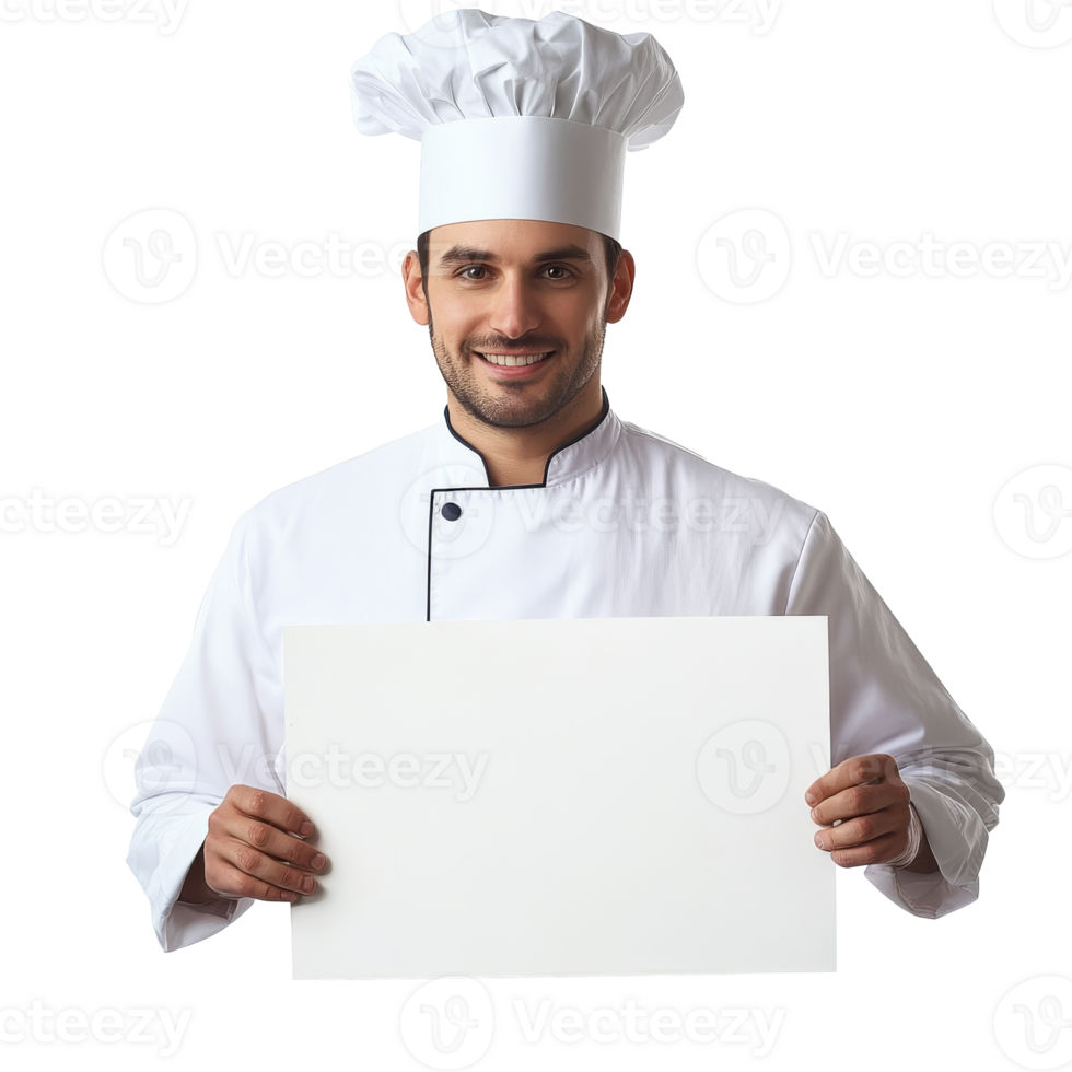 Chef holding a blank sign in a kitchen setting, cut out transparent png