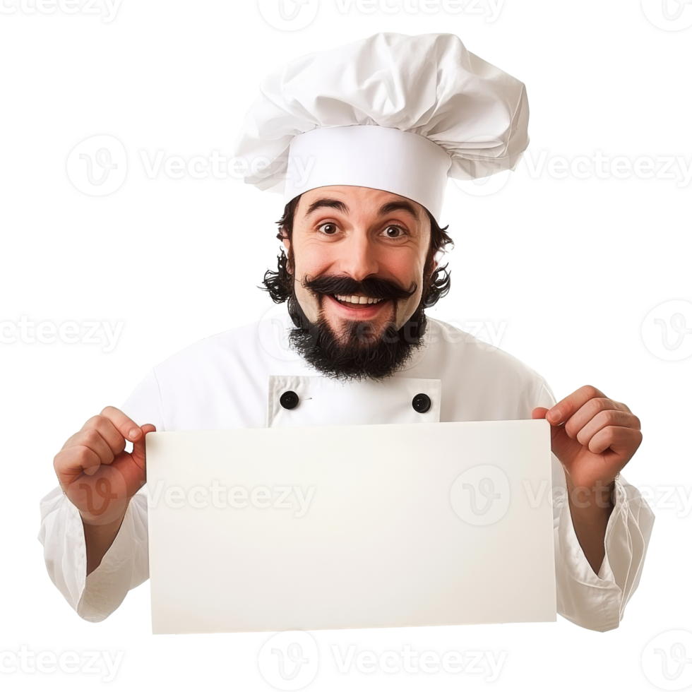 Happy chef holding a blank sign in the kitchen, cut out transparent png
