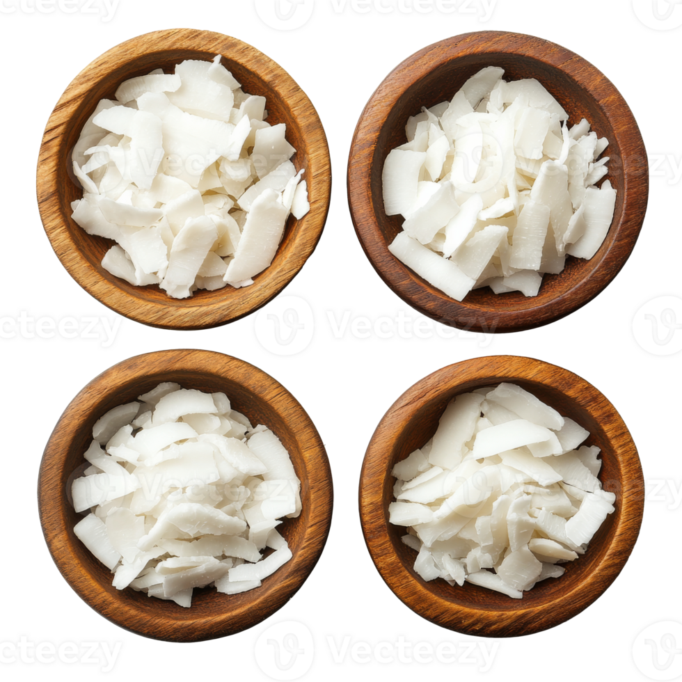 Dishes of coconut flakes arranged on a table, cut out transparent png
