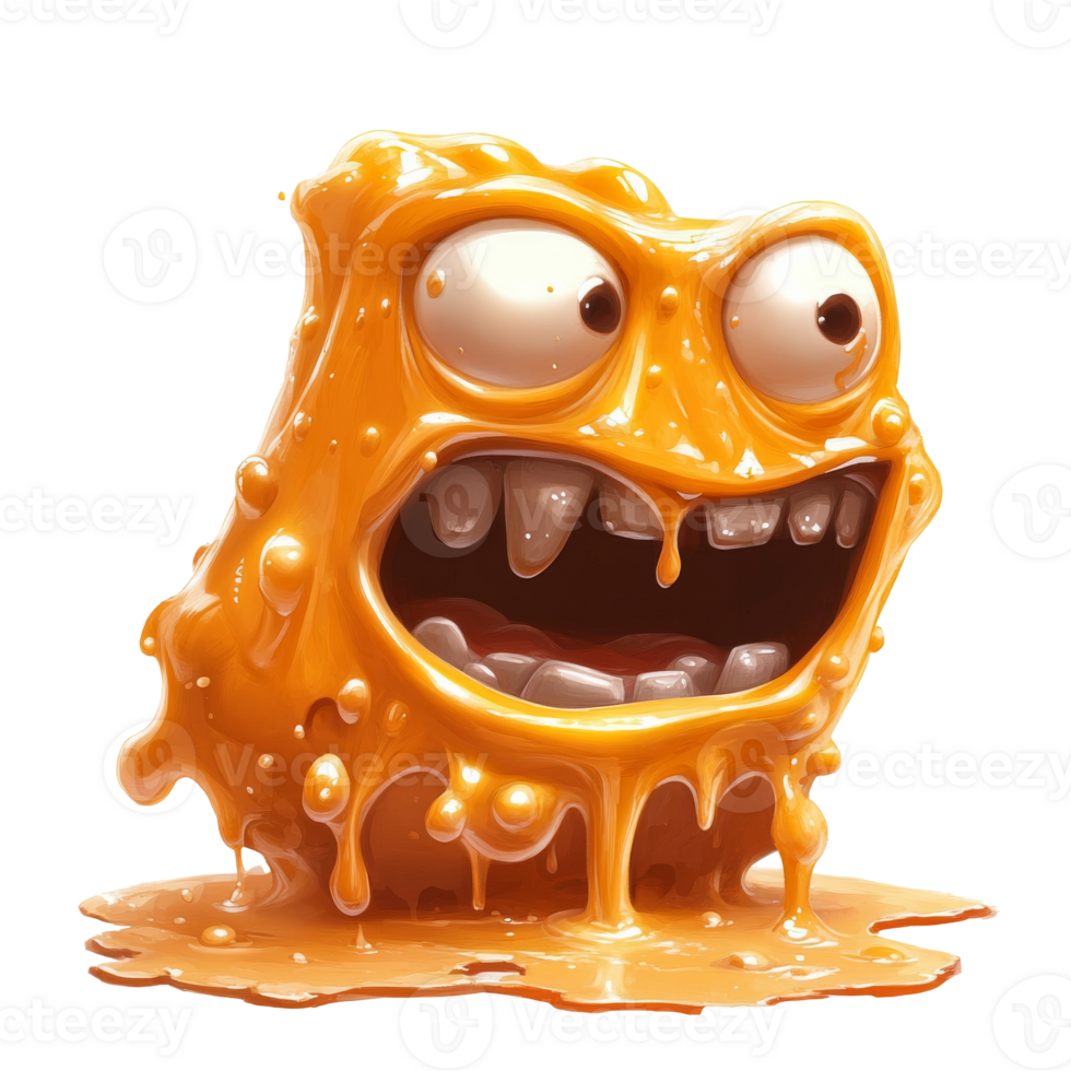 Joyful cartoon creature oozes orange slime, cut out transparent png