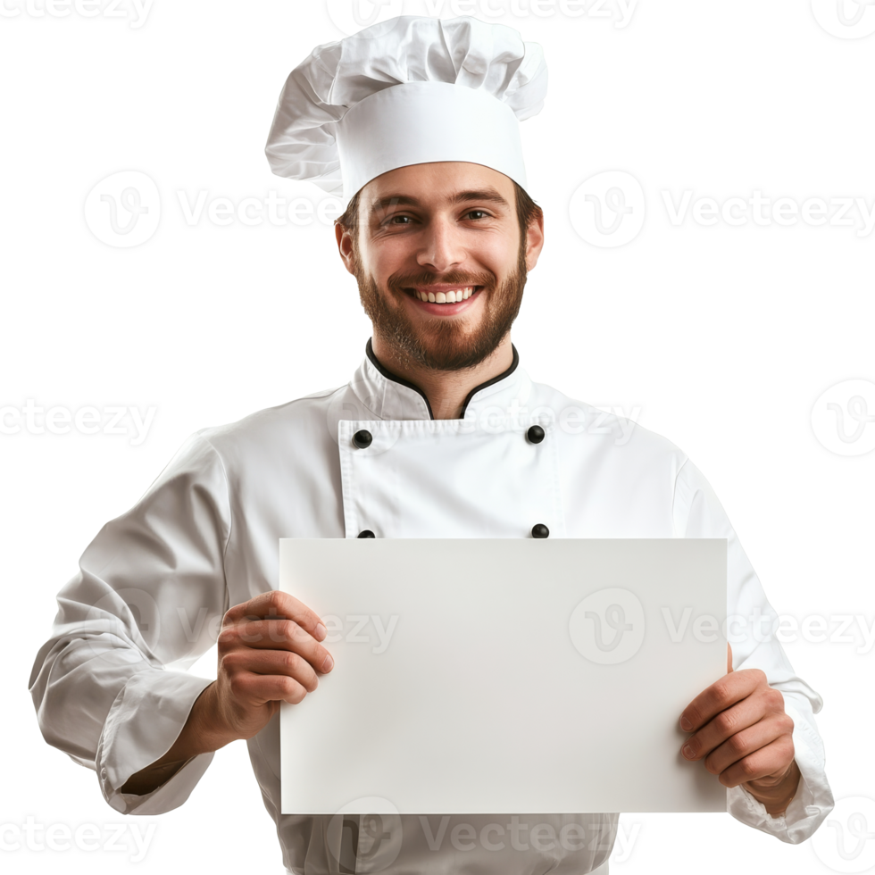Chef holding a blank sign in a bright kitchen, cut out transparent png