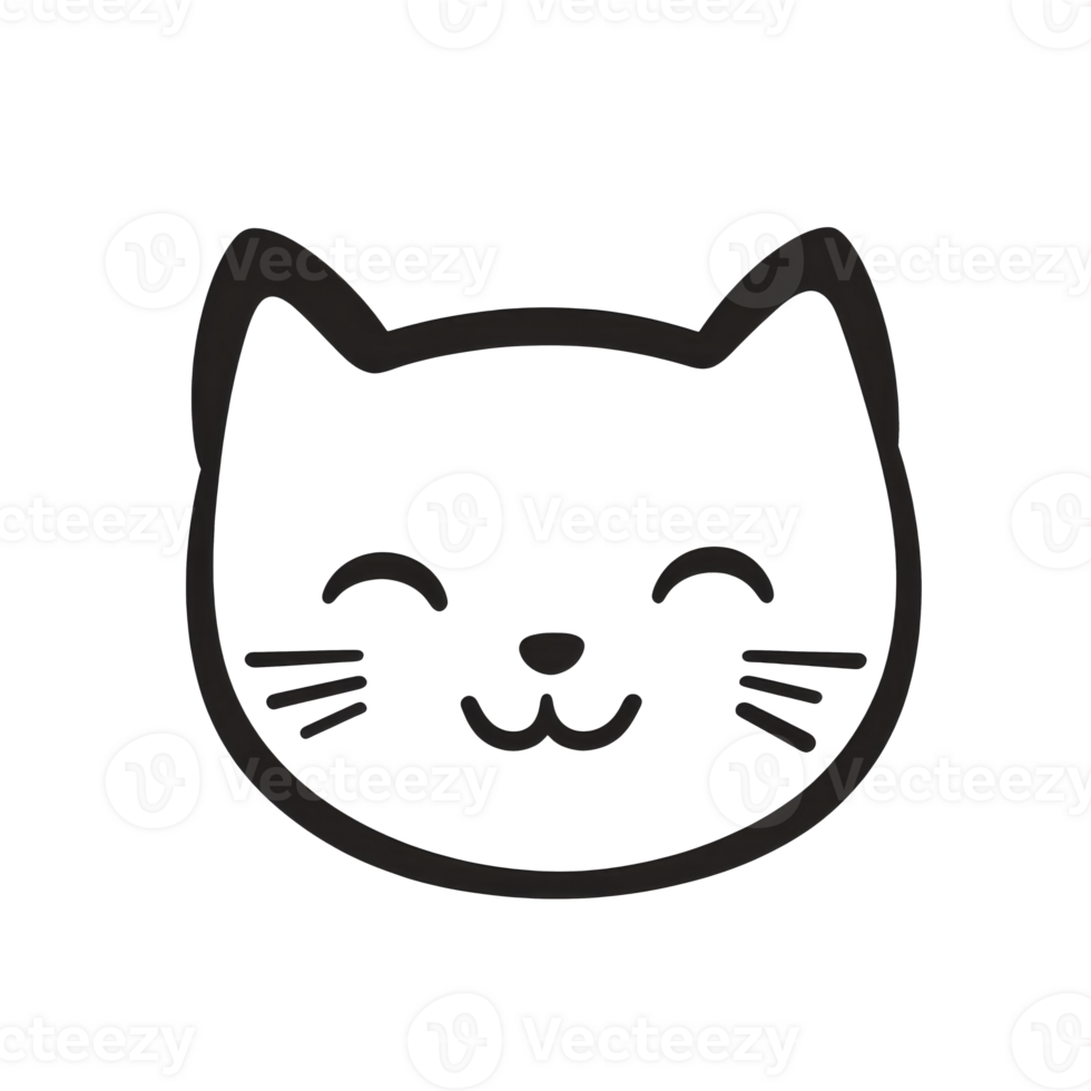 Cute cartoon cat face with happy expression, cut out transparent png