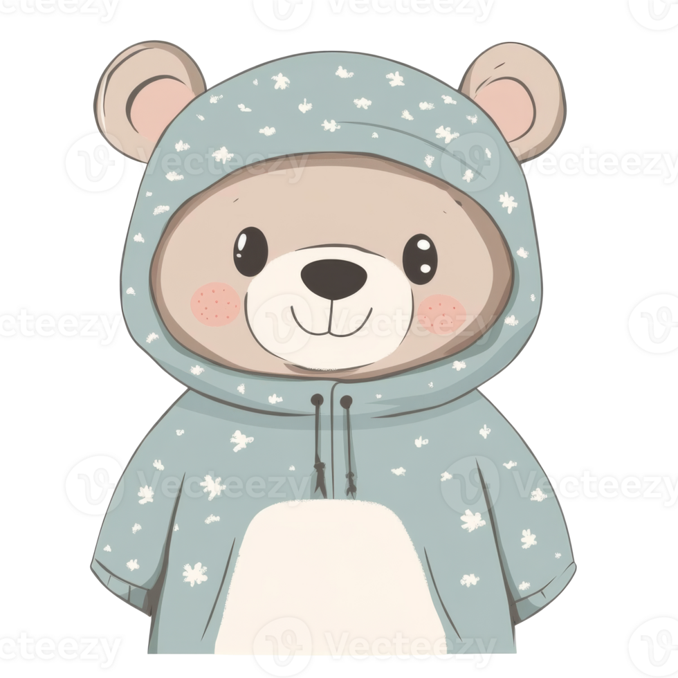 Bear in a patterned blue hoodie, cut out transparent png