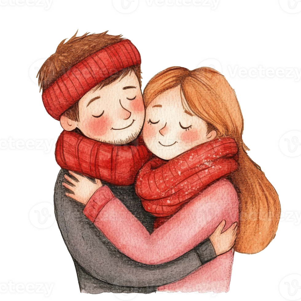 A couple embraces warmly in winter attire outdoors, cut out transparent png