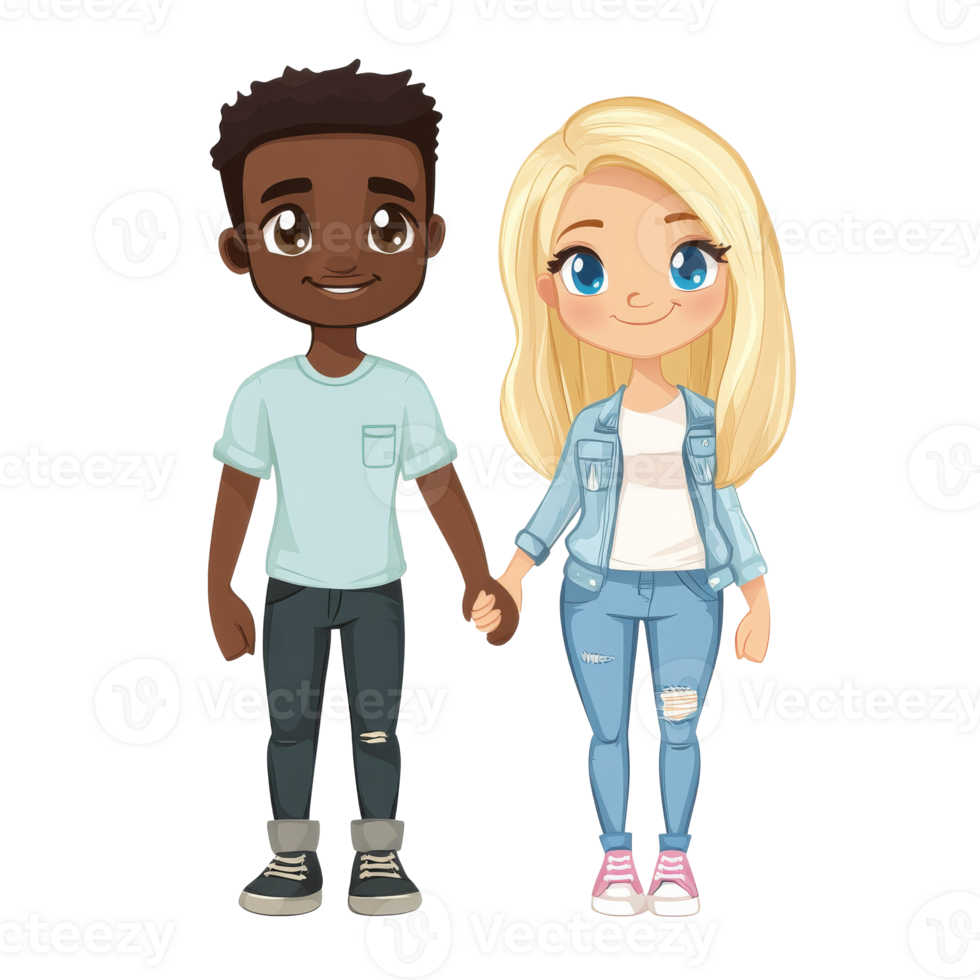 Diverse couple in casual clothes holding hands, cut out transparent png