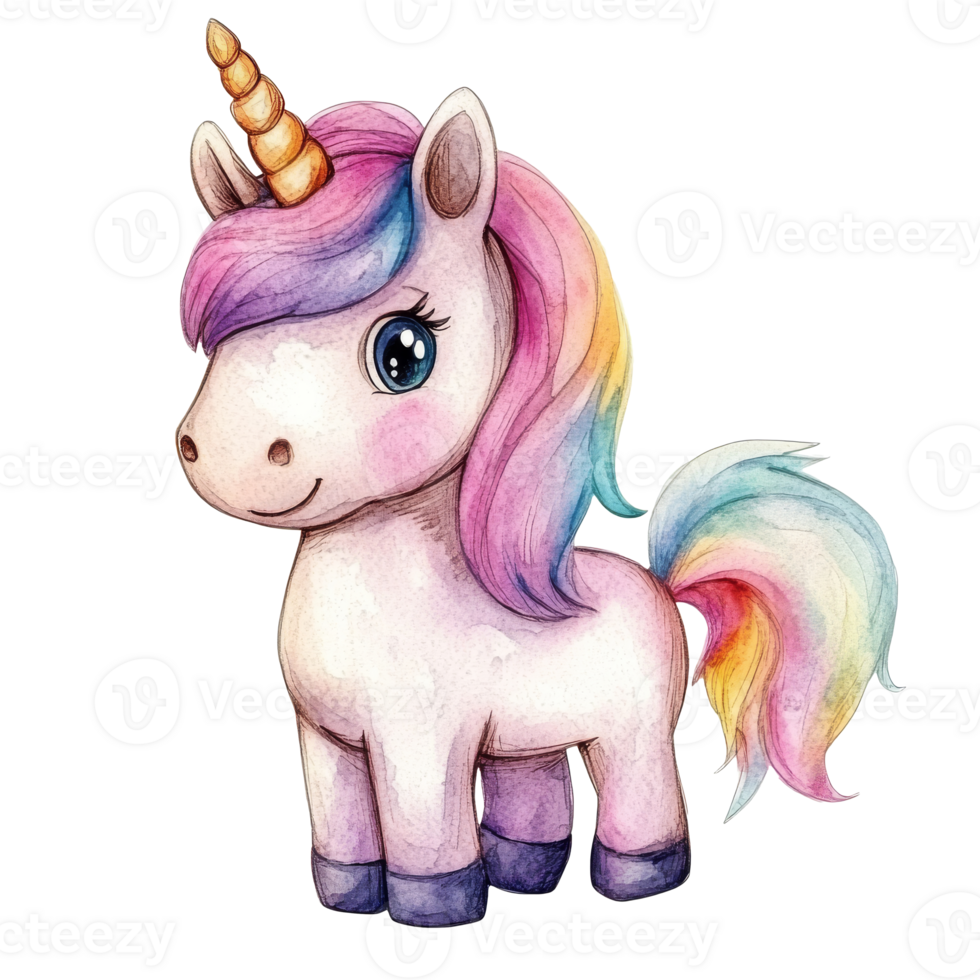 Cute unicorn with colorful mane standing proudly, cut out transparent png