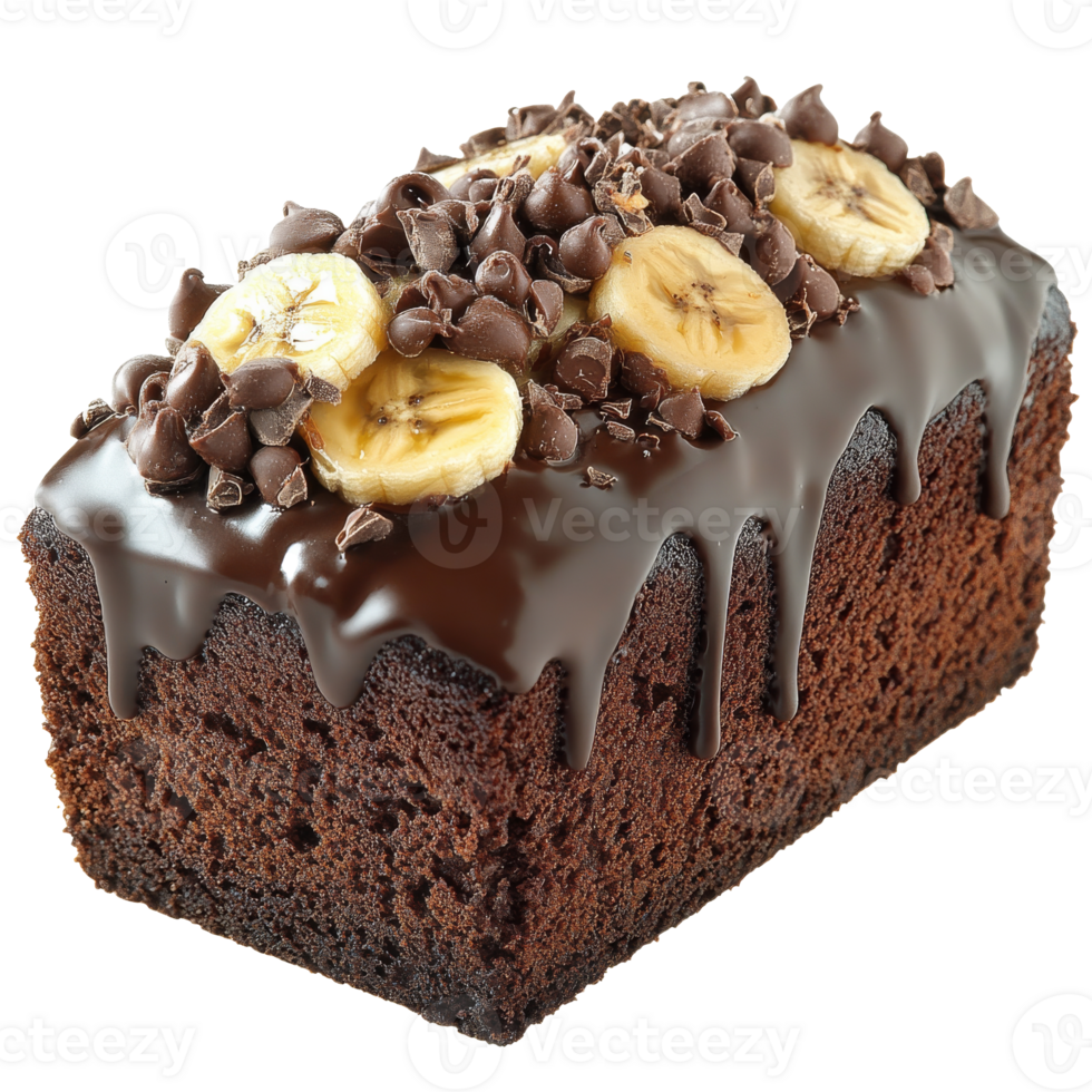 Rich chocolate banana loaf cake with toppings, cut out transparent png