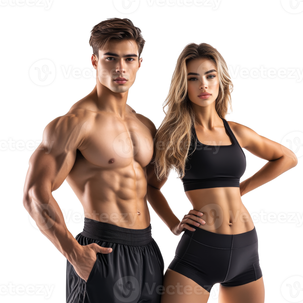 Chic couple in workout gear indoors, cut out transparent png