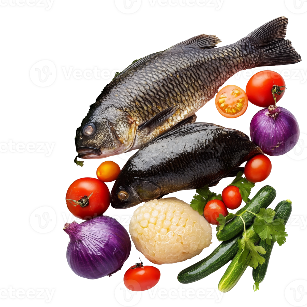 Fresh fish and veggies prepped to cook, cut out transparent png