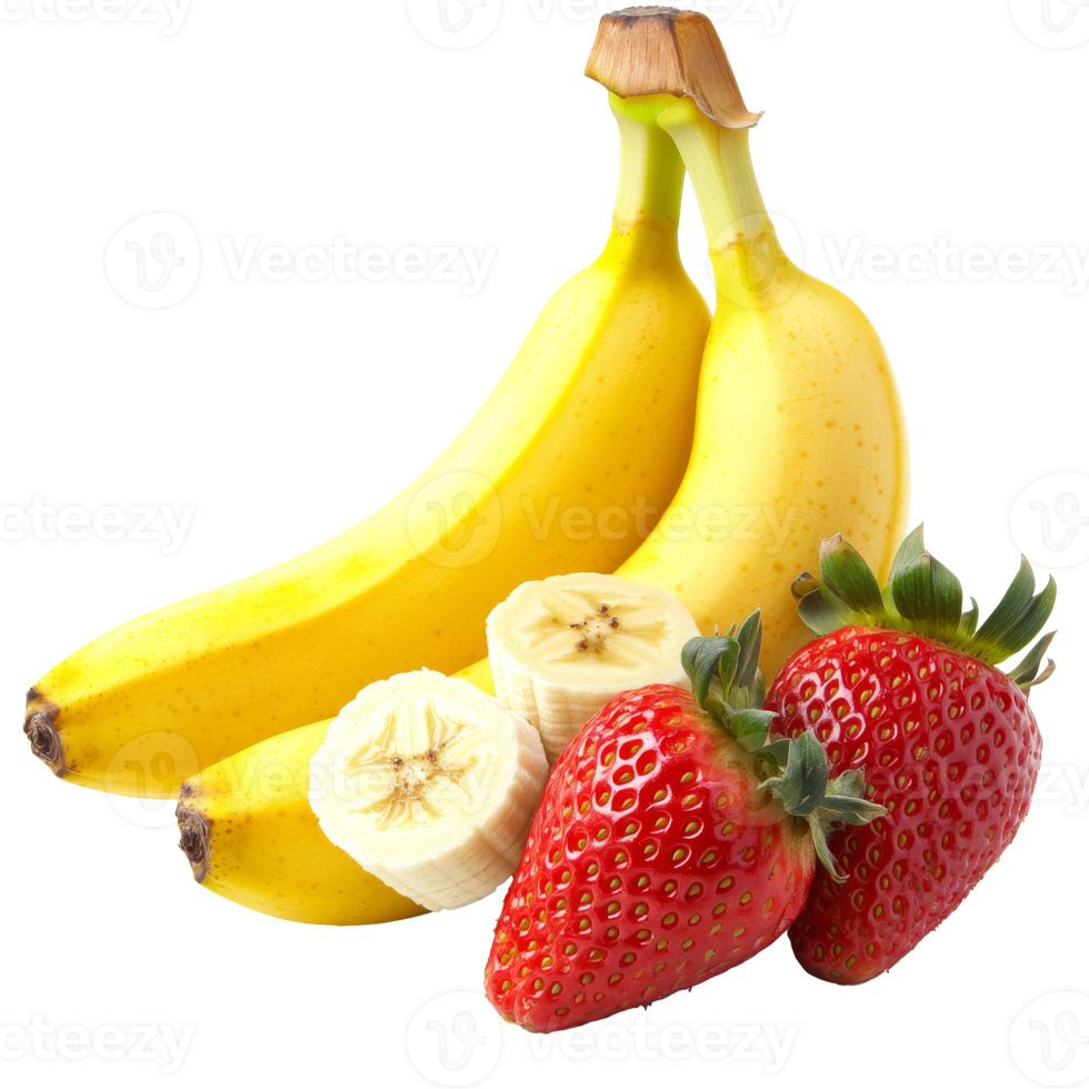 Fresh bananas and strawberries with sliced fruit, cut out transparent png