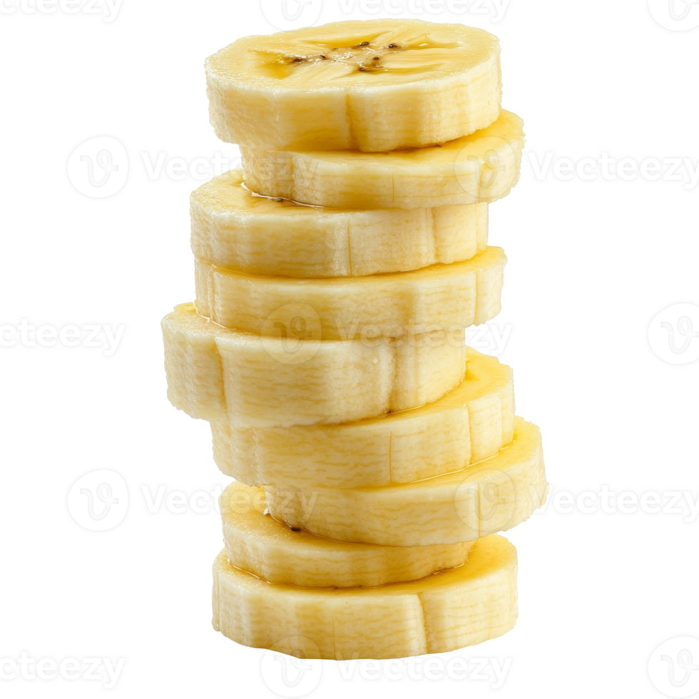 Stacked banana slices on white, cut out transparent png