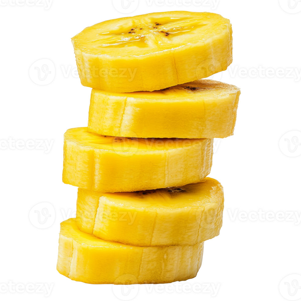 Stacked yellow banana slices on a white background, cut out transparent png