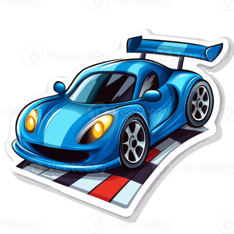 Blue racing car on a checkered track design, cut out transparent png