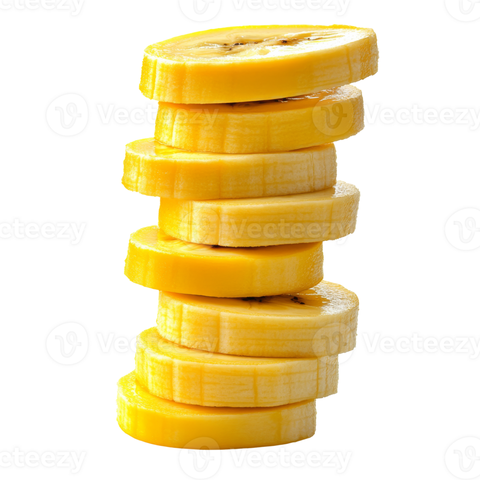 Neatly stacked banana slices on white, cut out transparent png
