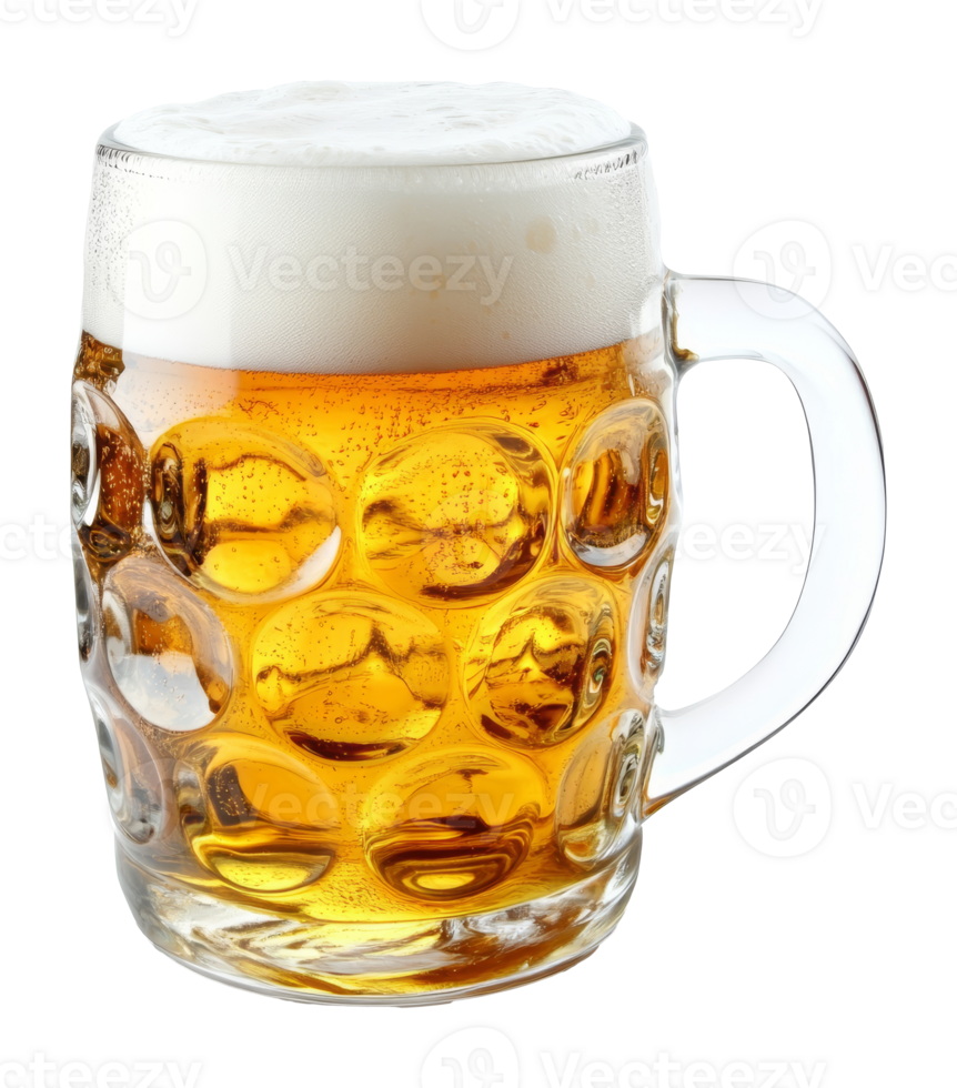 Frothy beer in a textured glass mug on a table, cut out transparent png