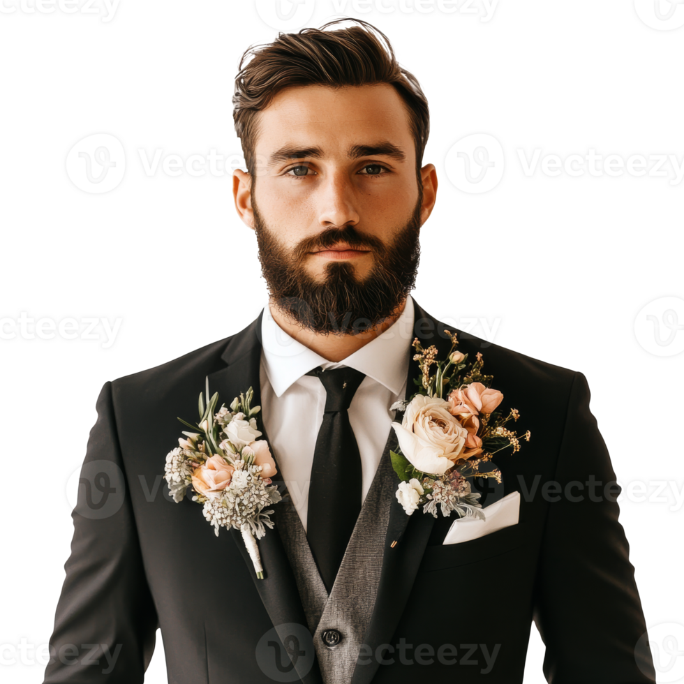 Elegant groom in formal attire with floral details, cut out transparent png